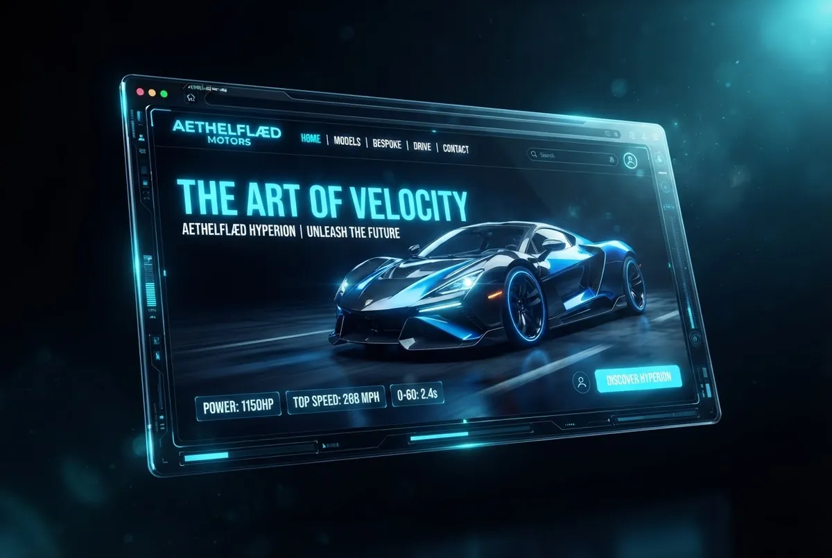 Angled 3D website mockup for Apex Hyperdrive Motors supercar inventory with electric cyan HUD accents