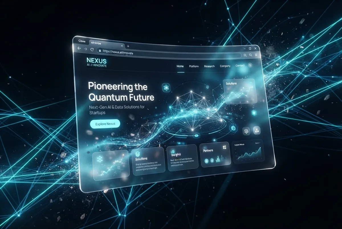 Angled 3D website mockup for Nexus Neural Platforms enterprise cybersecurity dashboard with glowing data nodes