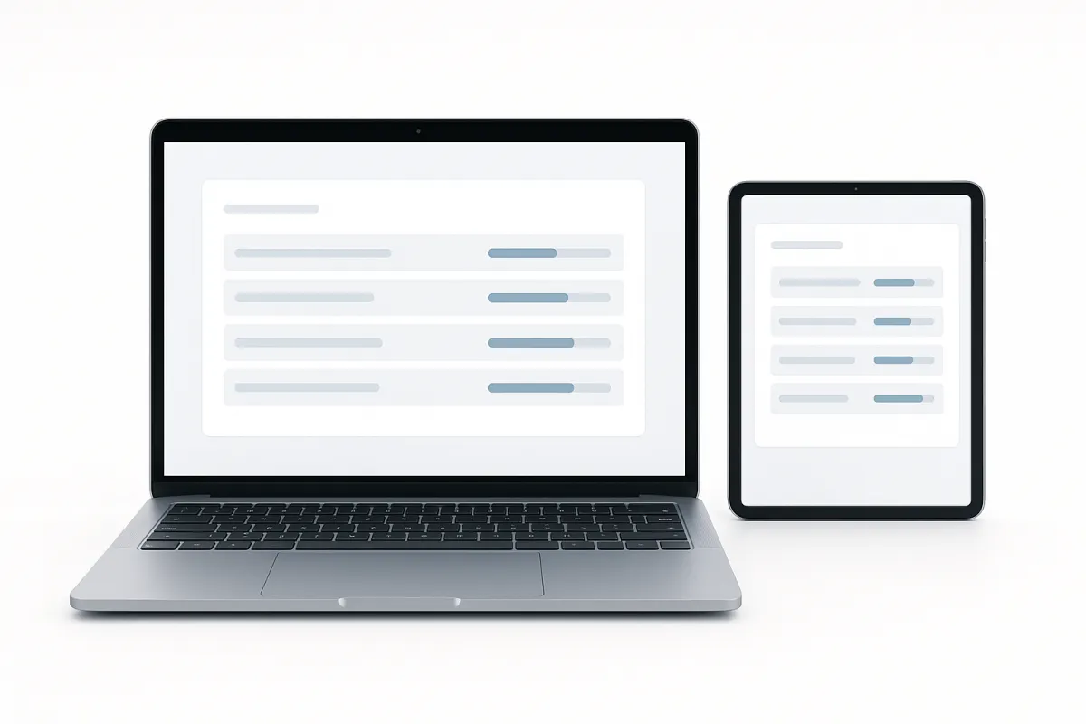 Clean UI mockup of a student interface on laptop and tablet showing course list and progress bars