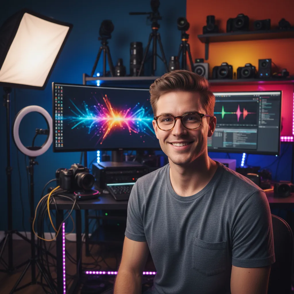 A young creative man in his late 20s, with short hair and glasses, is seated in a vibrant studio filled with video equipment. He smiles warmly, wearing a casual t-shirt, with colorful lighting and editing monitors in the background, reflecting a dynamic, creative environment.