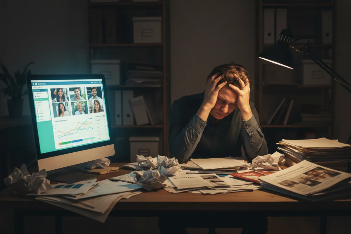 A frustrated entrepreneur at a cluttered desk, surrounded by paperwork and outdated marketing materials, contrasted with a vibrant screen showing a successful video campaign dashboard. 3:2 aspect ratio.
