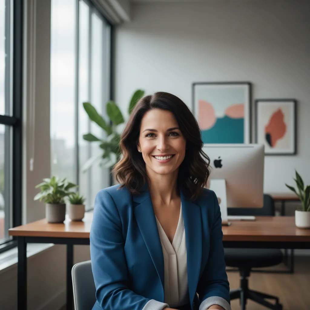 A smiling businesswoman in her mid-40s sits in a bright, modern office, wearing a blue blazer. She looks directly at the camera, exuding confidence and satisfaction. The background features large windows and subtle office decor, creating a professional yet approachable atmosphere.