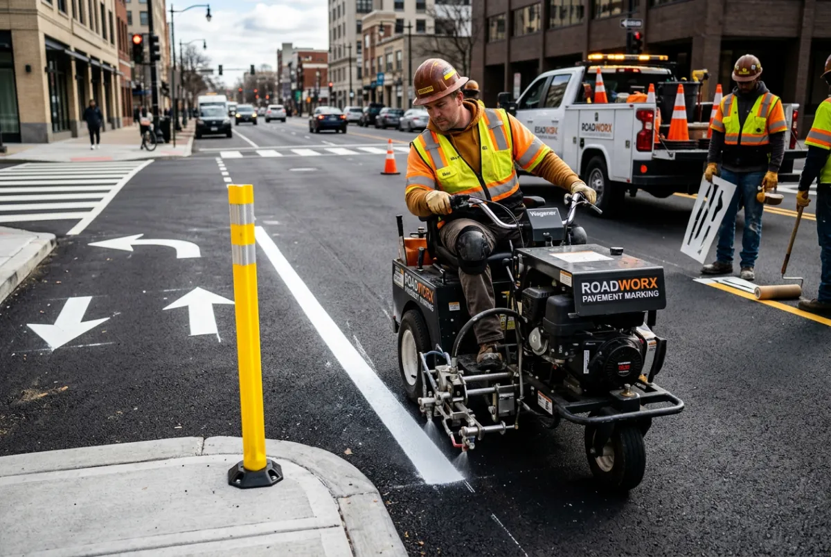 Precision traffic line striping, stenciling, and bollard installations