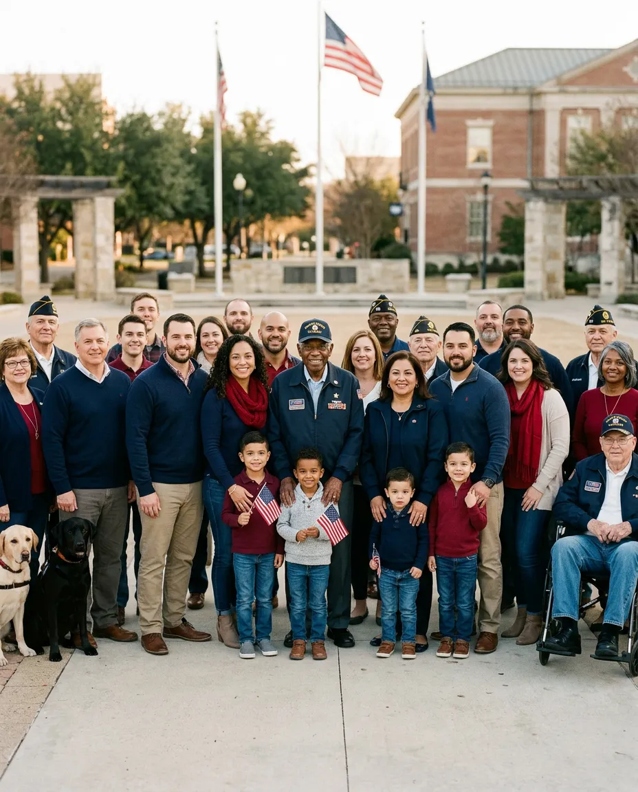 American veterans and families standing together in a community gathering, representing civic strength and constitutional heritage