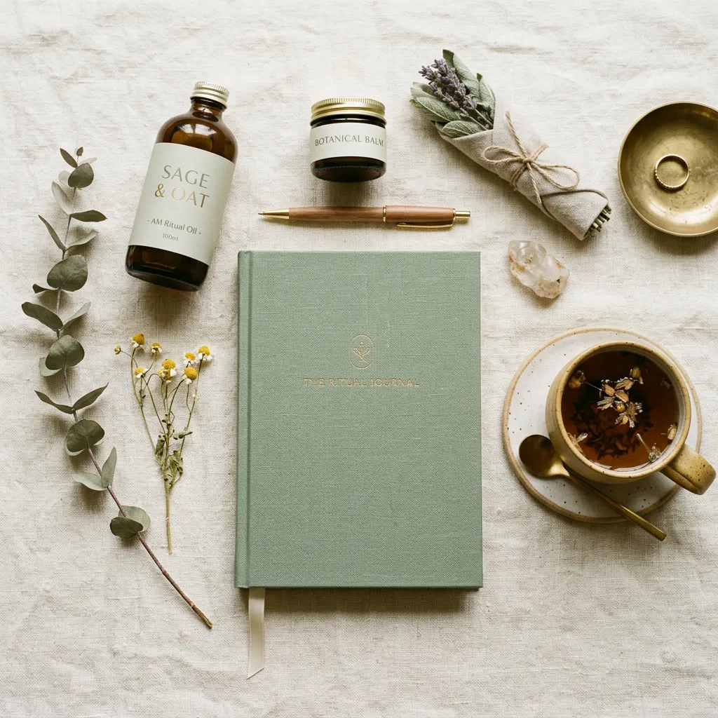 Sorgfältig kuratierte Wellness- und Lifestyle-Objekte wie Journal, warmer Tee und natürliche Pflegeprodukte