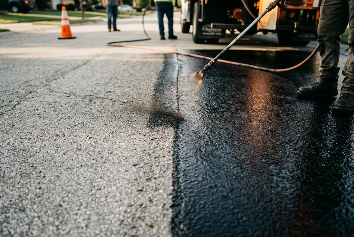 Industrial coal-tar asphalt sealcoating spray application and crack sealing