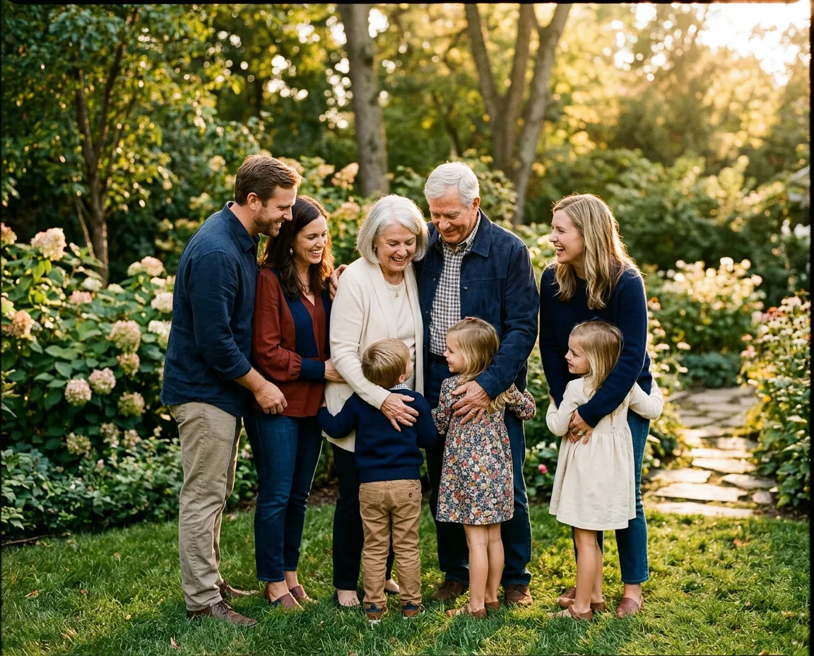 Joyful multi-generational family enjoying a meaningful golden hour moment outdoors together