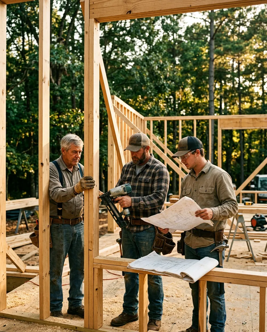 Three generations of Morris family builders working side by side on a custom residential construction site in Moultrie Georgia