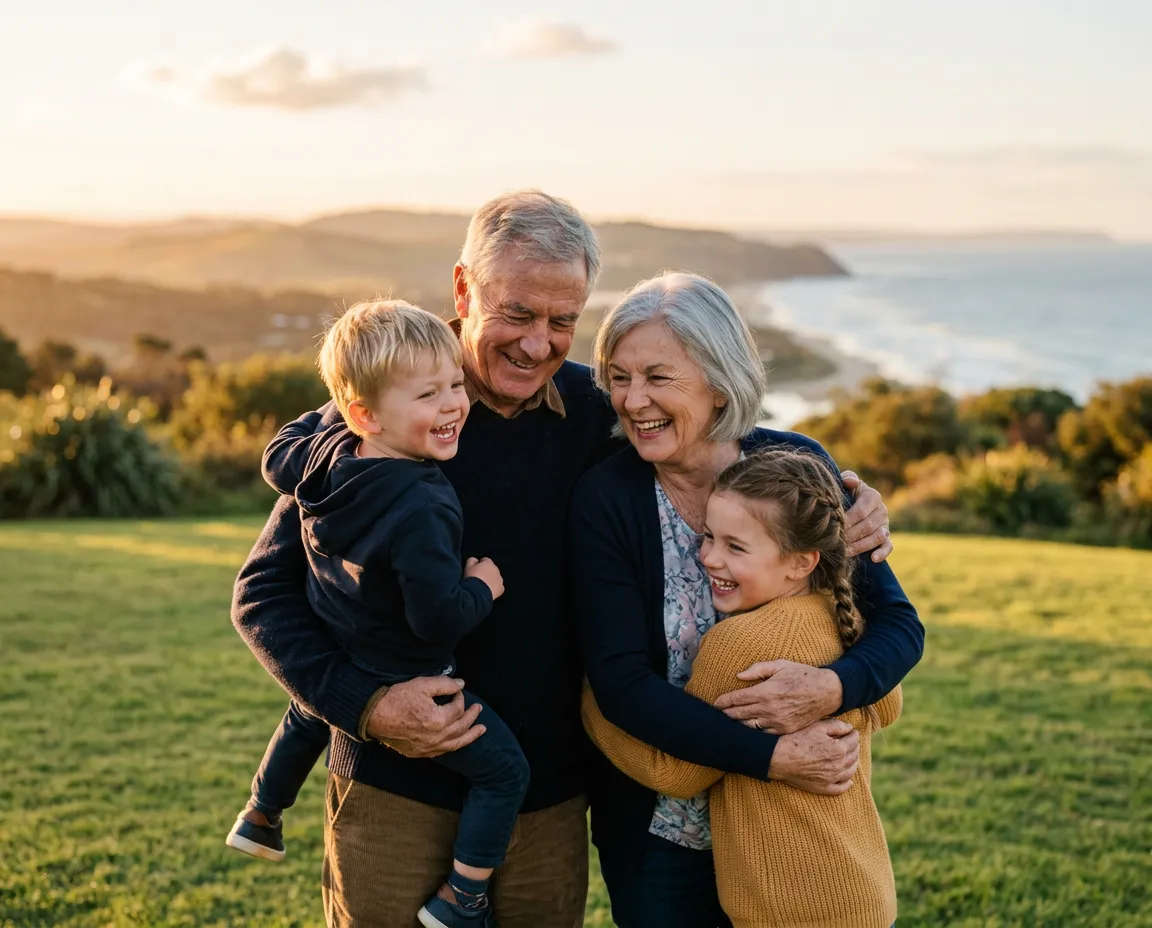 Loving grandparents sharing a happy golden hour moment with their grandchildren in a warm outdoor setting