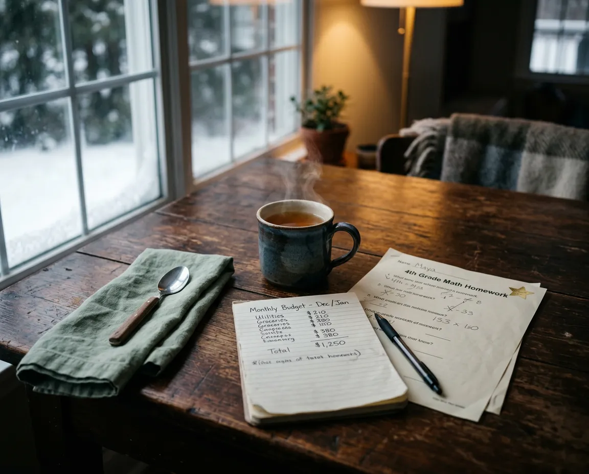 Arbeitstisch mit handschriftlichen Budgetnotizen und einer dampfenden Tasse Tee im kalten Morgenlicht