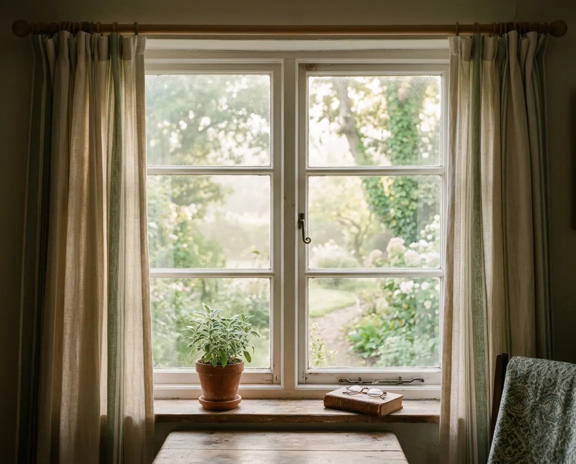 Ein Fenster mit zartem Morgenlicht, das durch schlichte Vorhänge fällt und Hoffnung symbolisiert