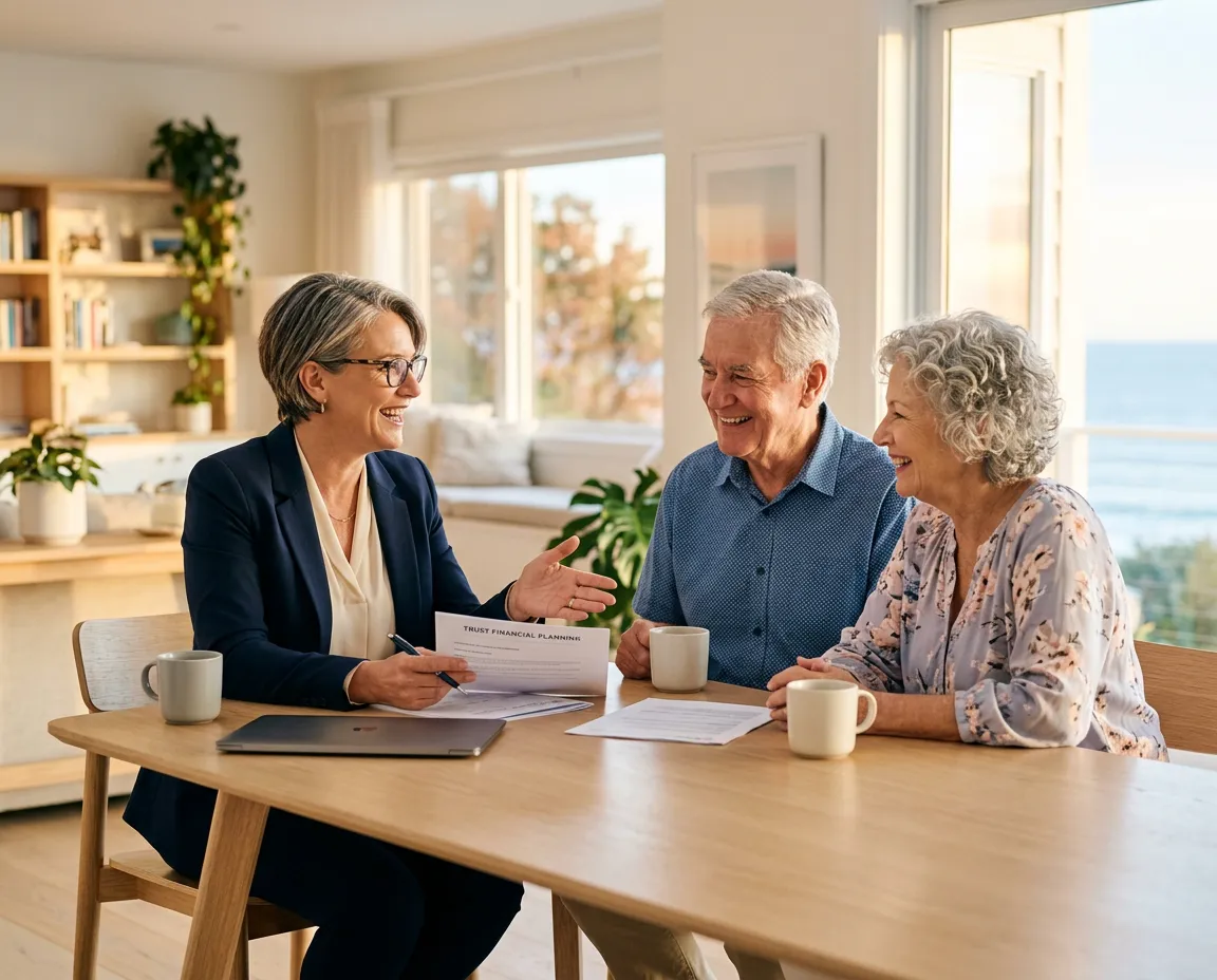 Professional insurance advisor consulting warmly with a senior couple in a bright home setting