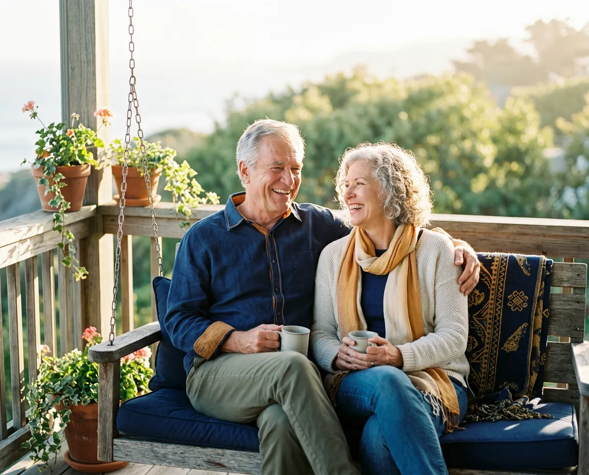 A happy senior couple relaxing on their sunlit porch overlooking their lush green property during golden hour