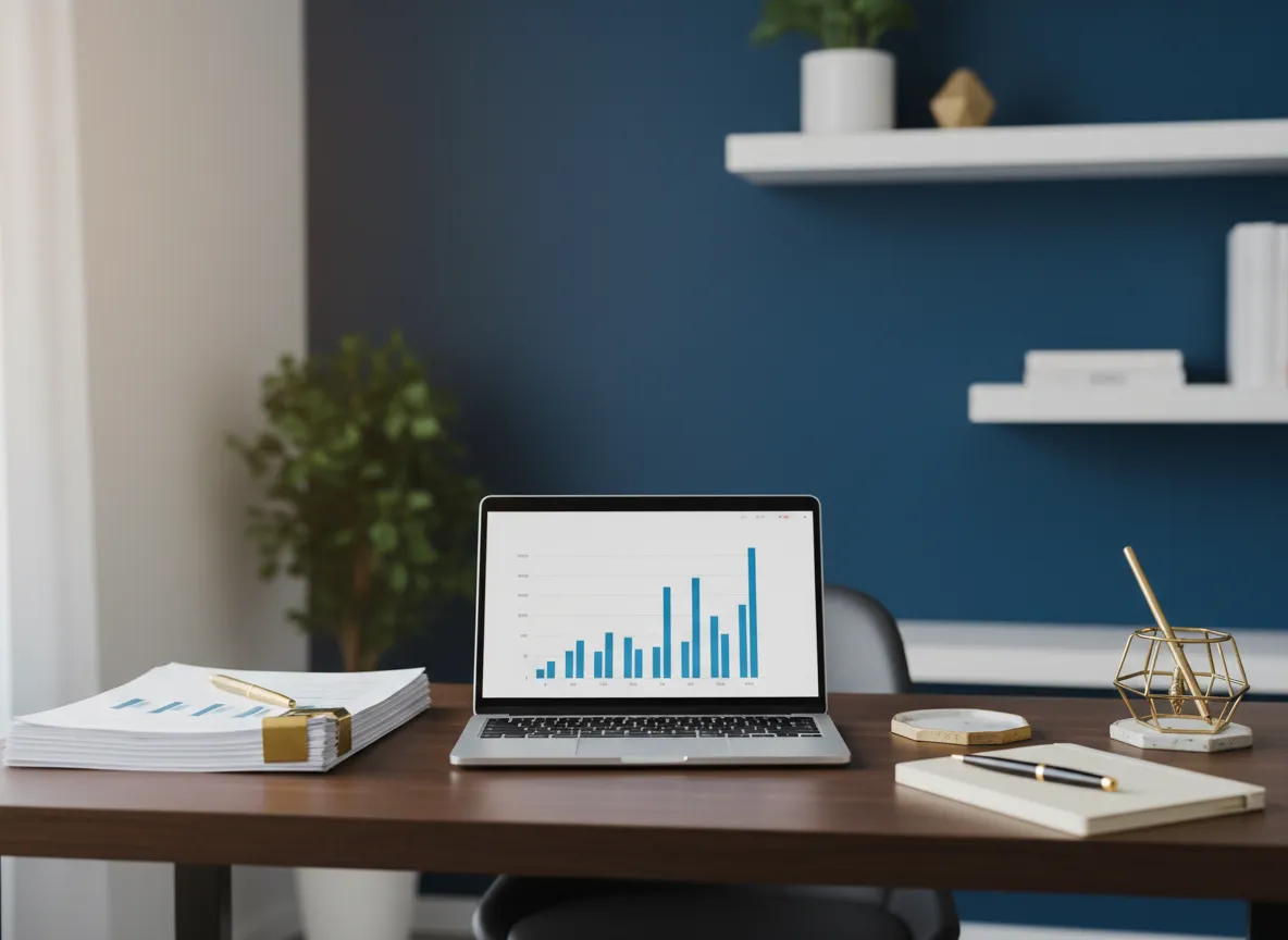 Professional bookkeeping workspace with laptop, financial reports, and coffee cup