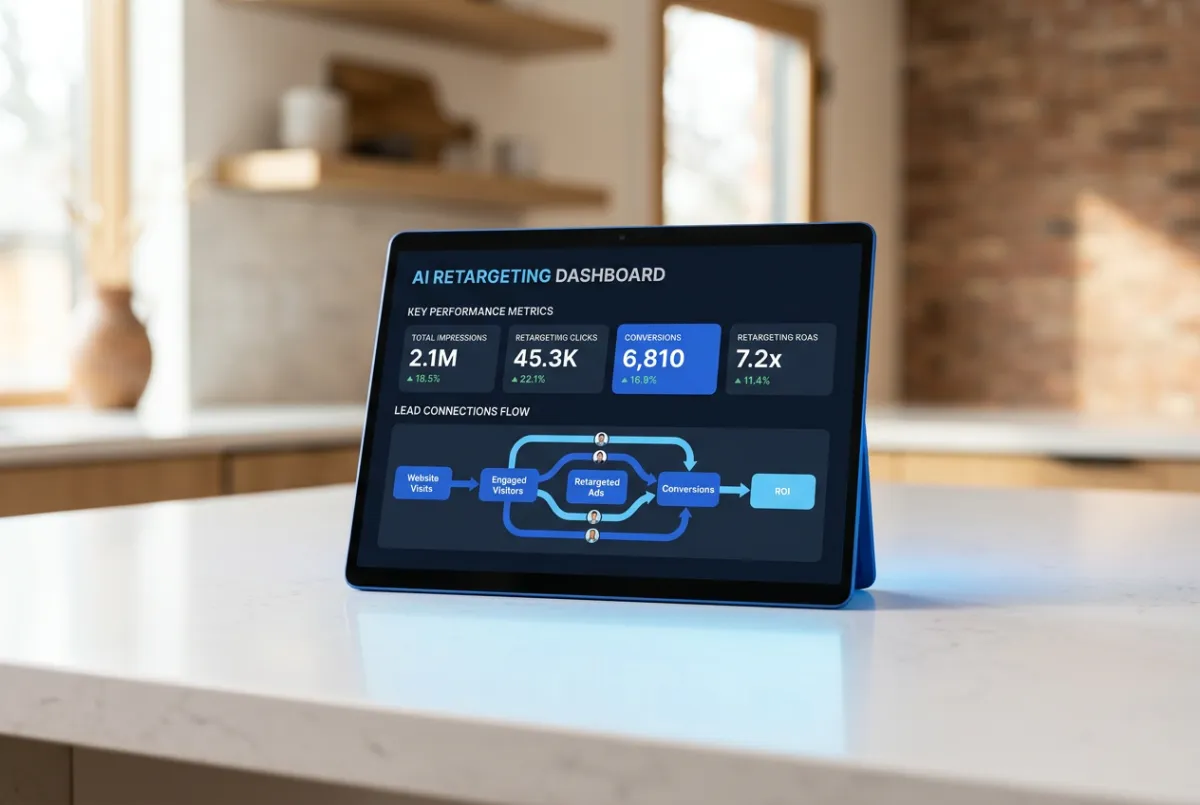 Tablet mockup showing AI retargeting dashboard and live contractor lead flow