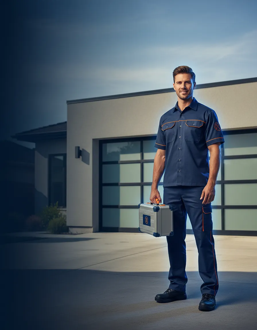 Uniformed technician arriving in a modern truck to repair a garage door