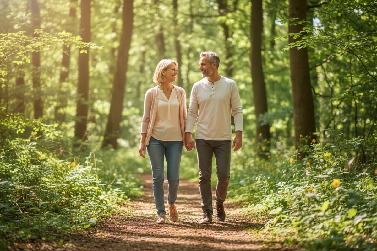 A diverse group of adults in casual, light clothing stand in a sunlit park, laughing and stretching together. The background features lush greenery and soft sunlight filtering through trees, evoking a sense of energy, connection, and holistic wellness. The composition is dynamic, with natural smiles and open body language.