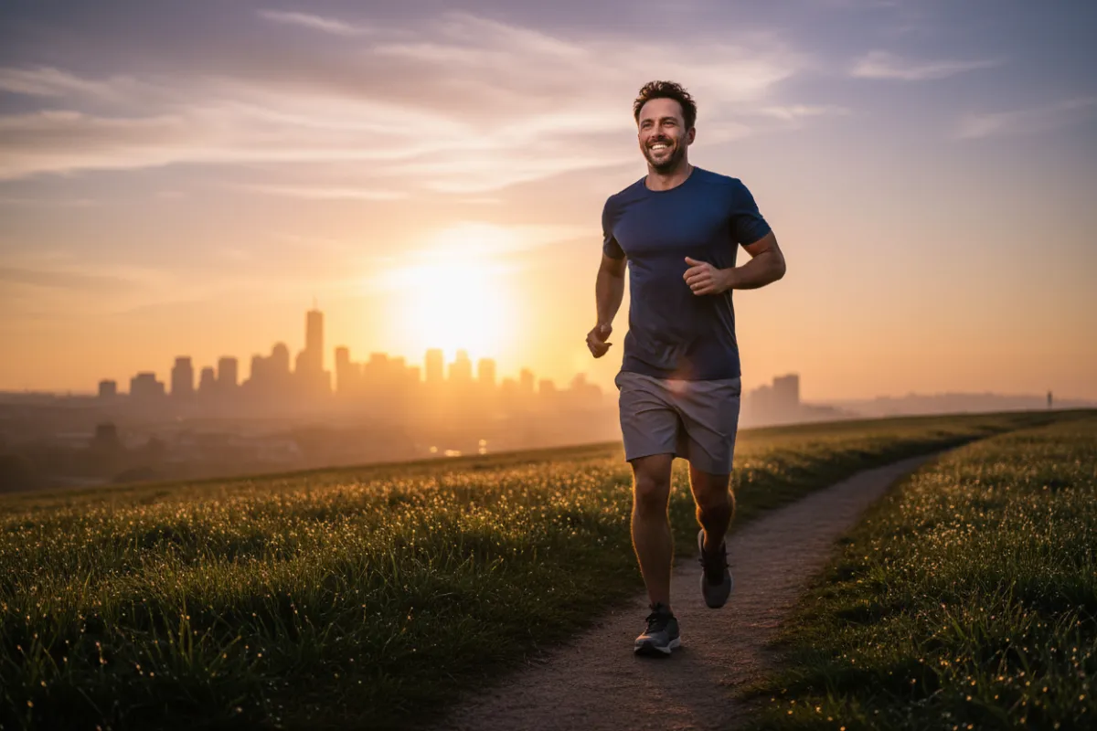 A man in his 30s jogging along a sunrise-lit trail, smiling confidently, with dew on the grass and a city skyline in the distance, symbolizing energy and optimism.