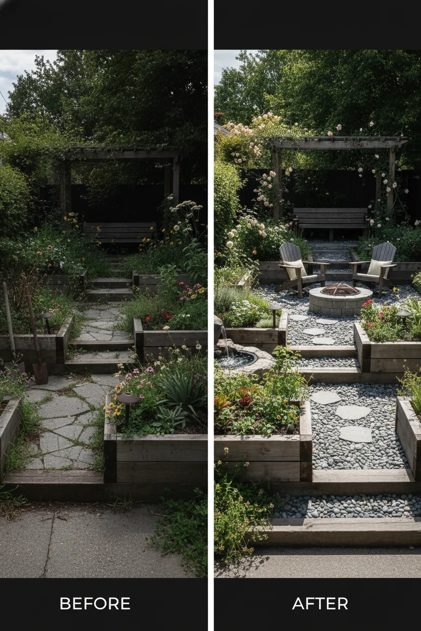 Before-and-after diptych style capture: overgrown yard replaced with layered planters, pebble paths and seating nooks, natural daylight, high-resolution photorealistic composition that emphasizes transformation and project scope.