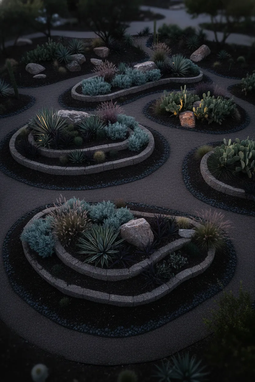 Minimalist xeriscape with layered native plants, decomposed granite walkways, and crisp boulder placement, overhead angle to show layout harmony and water-wise design, photorealistic detail for eco-conscious homeowners.