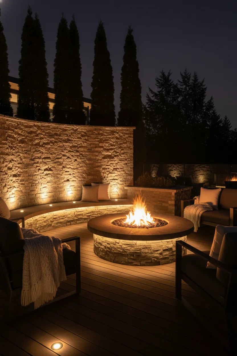 Nighttime scene of a renovated terrace with layered ambient lighting, shadow play on stone veneer, and a fire pit centerpiece; cinematic photorealism that highlights lighting design and materials used by CedarRidge installers.