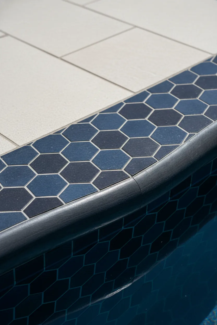 Custom 3D-printed edging detail and precision-laid tiles around poolside lounge, close-up composition showing material joinery and finish quality, bright daylight, studio-sharp photorealism for construction-detail confidence.