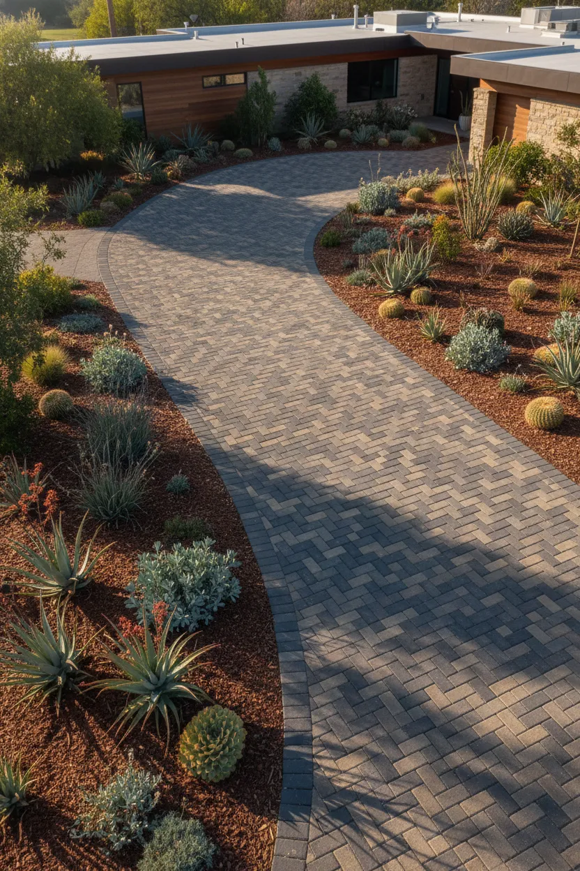 Elegant driveway transformation using interlocking pavers and desert-adapted planting strips, aerial three-quarter composition capturing clean edges and brand-grade materials, warm midday light emphasizing texture and durable finishes for CedarRidge showcase.