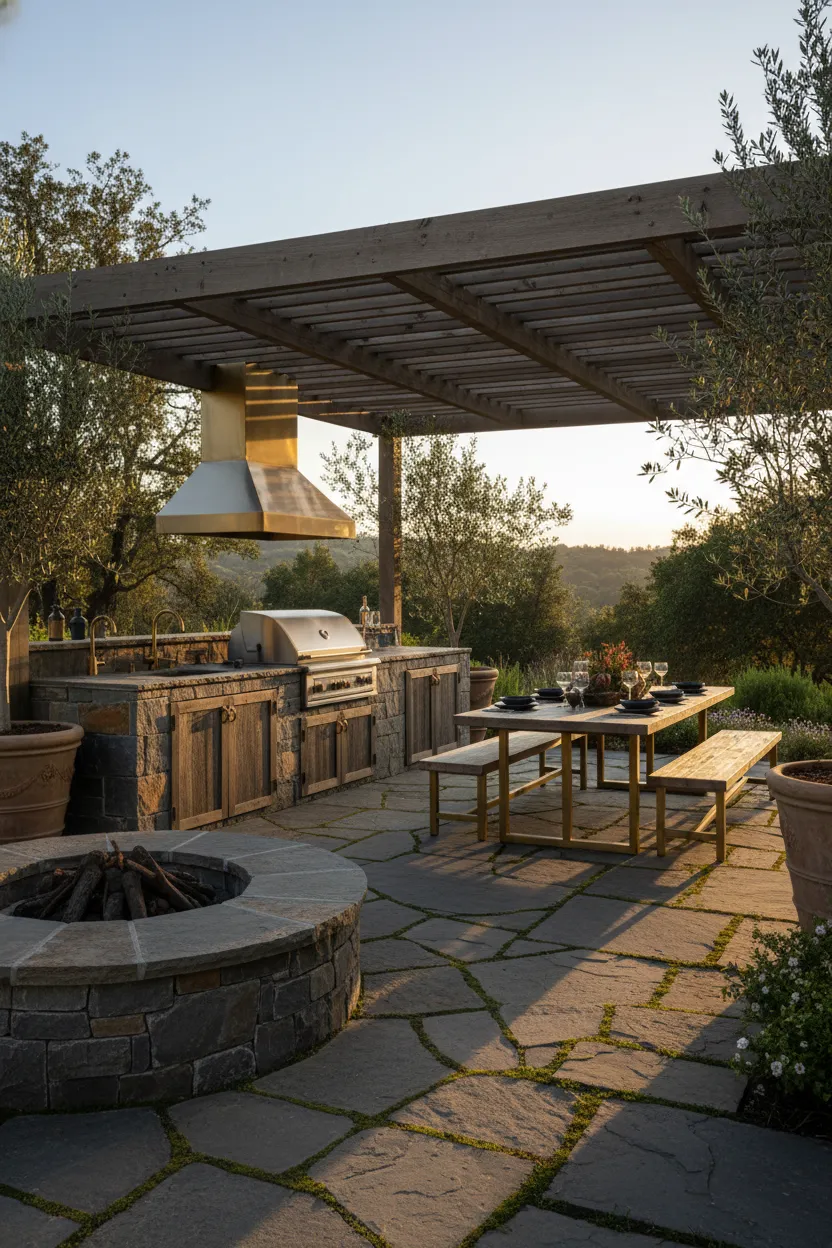 Custom outdoor kitchen and seating under a pergola with natural stone counters and brass fixtures, wide-angle composition showing human-scale proportions and finished hardscape textures in soft late-afternoon sunlight, photorealistic and inviting.