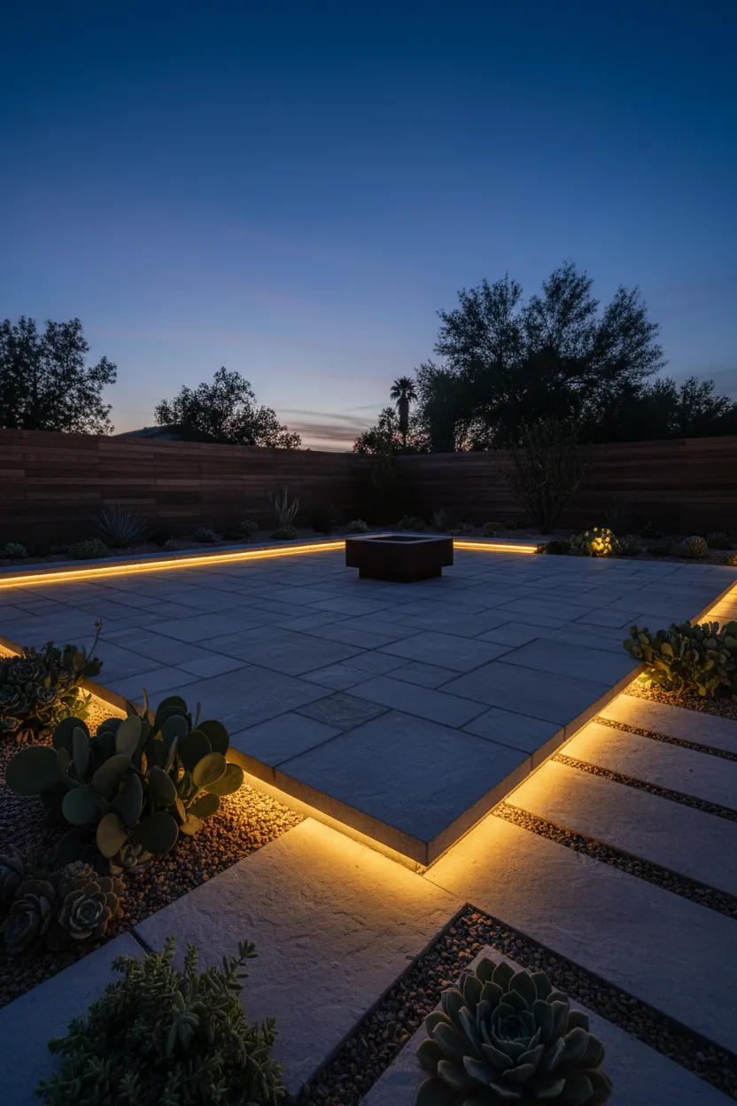 A pristine backyard patio with textured stone pavers, low-vol LED perimeter lighting, and native succulents, photographed from a three-quarter angle with soft evening light; photorealistic, editorial composition showcasing craftsmanship and material detail.