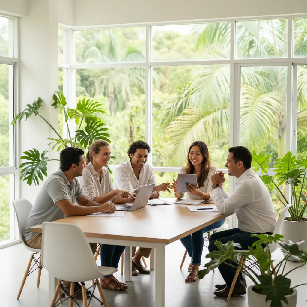 Friendly, diverse property management team in a bright Costa Rican office, smiling and collaborating over documents and a laptop. The setting is modern, with tropical plants and natural light, conveying approachability and professionalism.
