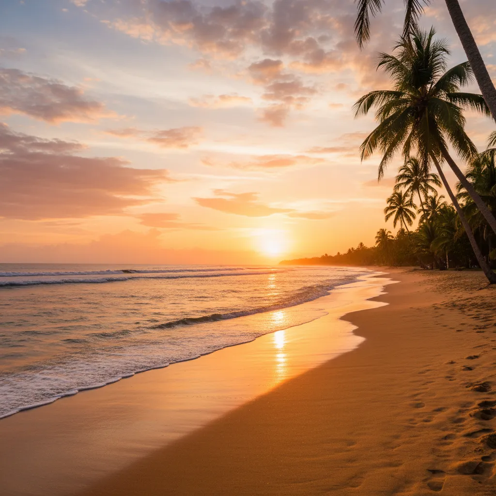 Sunset over a calm Pacific beach in Costa Rica, with gentle waves, golden sand, and silhouettes of palm trees. The warm, peaceful atmosphere highlights the country's natural beauty and relaxed lifestyle.