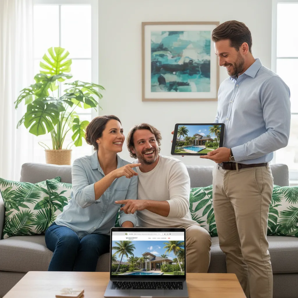 A friendly real estate agent leads a couple on a virtual tour via tablet, with the couple smiling in their living room.