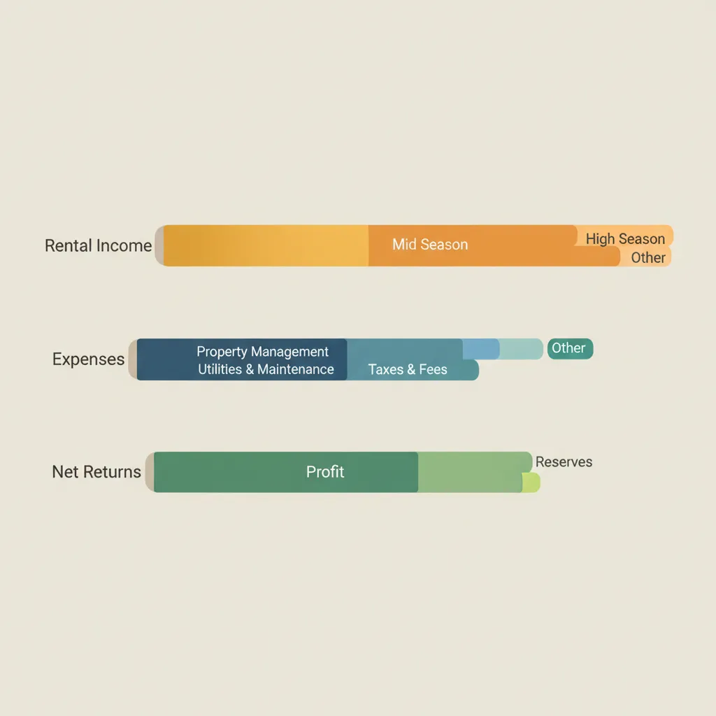 Detailed chart showing a breakdown of rental income, expenses, and net returns for a Costa Rica beach home, with labeled bars and clear color coding. The chart is set against a soft sand-colored background, no people present.