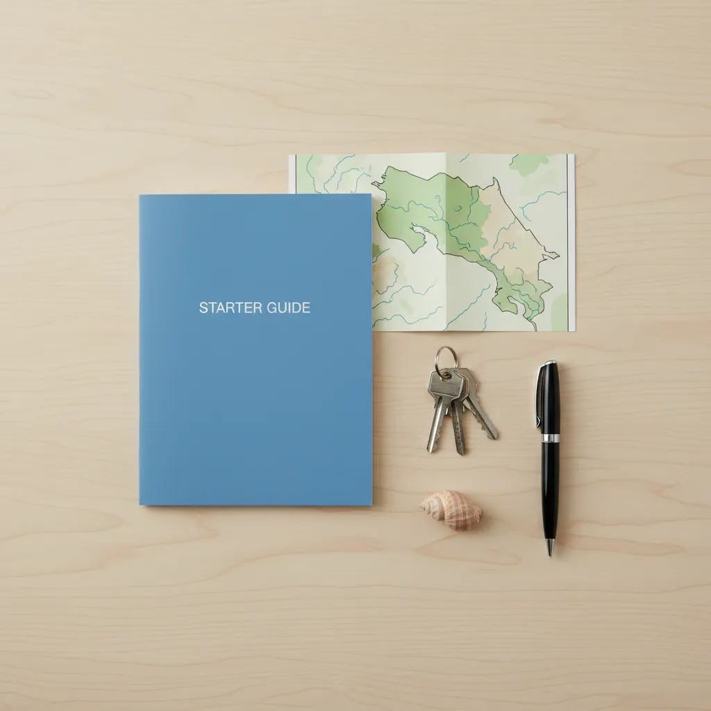 A flat lay of a starter guide booklet, a Costa Rican map, and a set of house keys on a sandy-colored table.