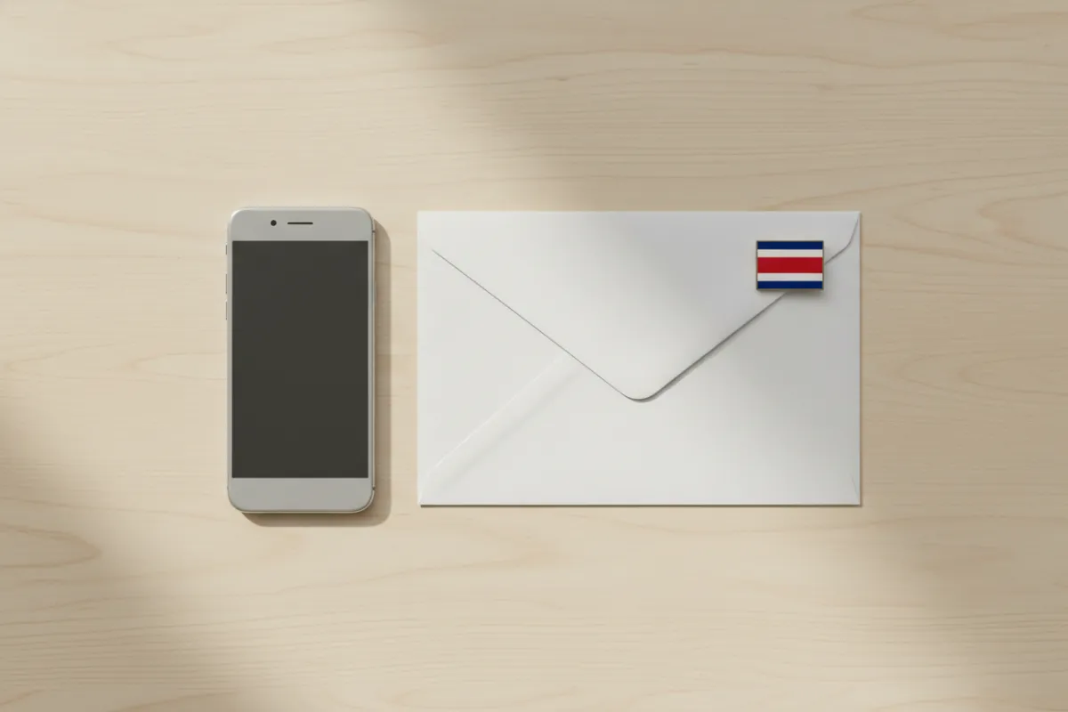 A flat lay of a smartphone and an envelope on a light wooden table, with a small Costa Rican flag pin beside them. The composition is modern and clear, symbolizing easy communication and international connection. No people are visible in the image.