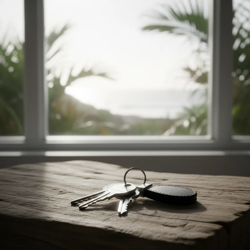 A close-up of a set of modern house keys resting on a driftwood table, with a soft focus on a sunlit window and tropical foliage in the background. The image conveys security, new beginnings, and a sense of arrival in a coastal setting.