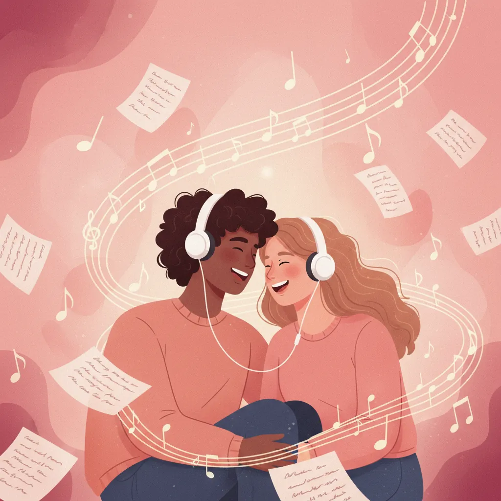 Romantic illustration of couple surrounded by musical notes and poetry pages