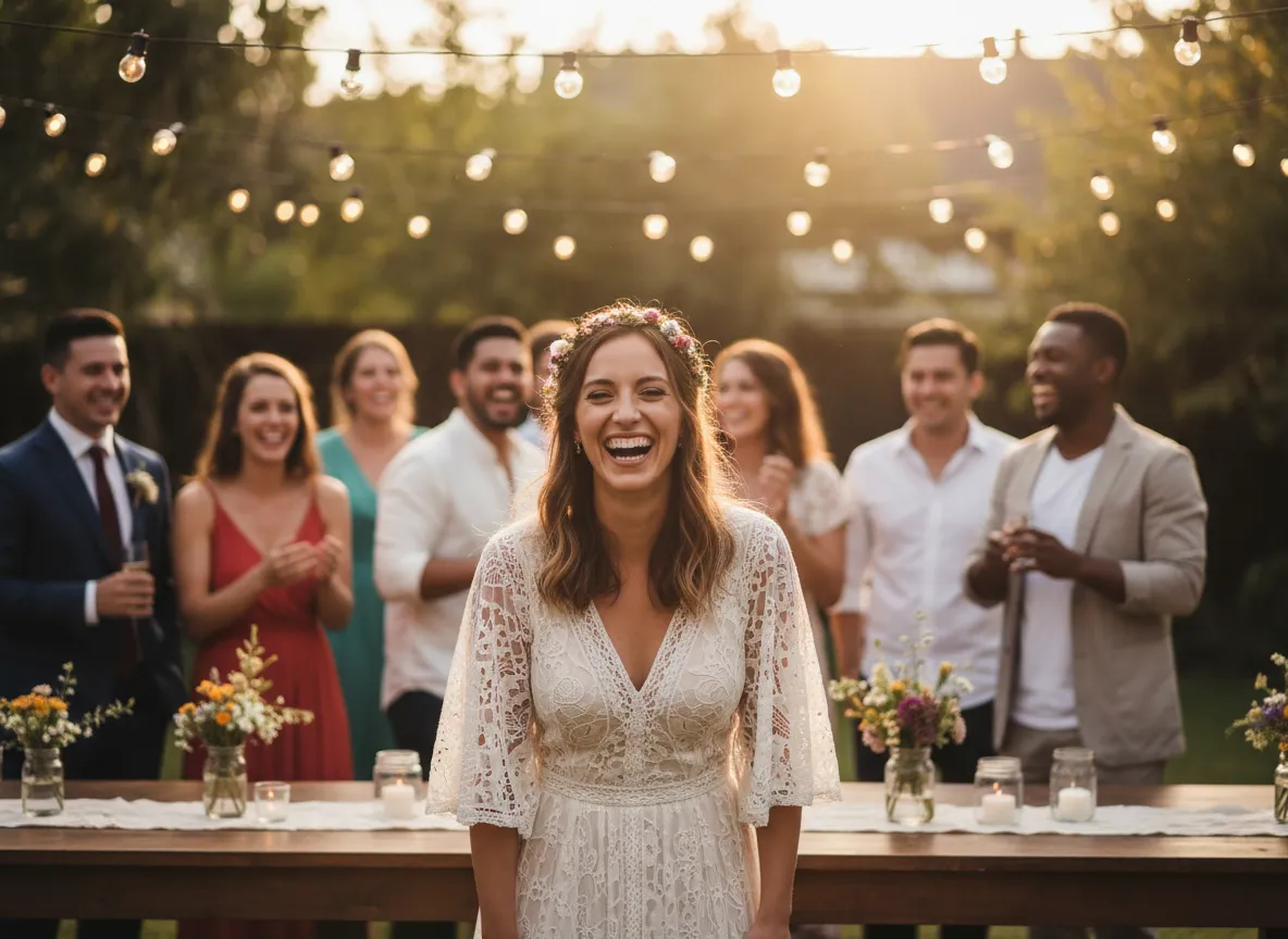 Bride smiling at backyard wedding reception