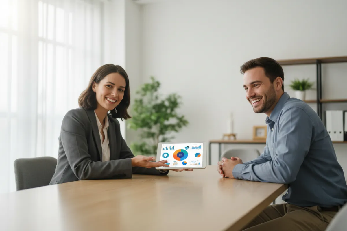 A confident marketing consultant sits across from a small business owner in a bright, modern office, both smiling and reviewing a colorful marketing plan on a tablet. The scene conveys trust, expertise, and a collaborative approach to business growth.