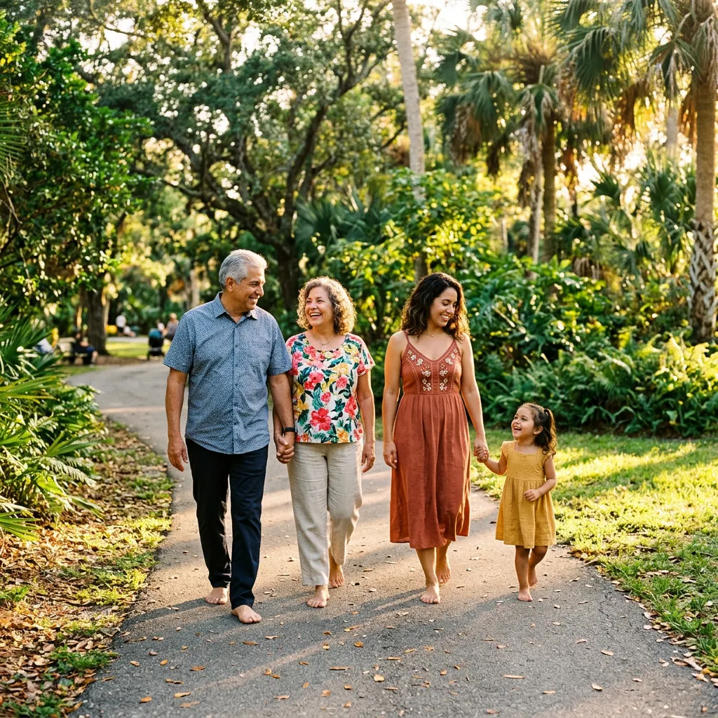 Warm sunlit lifestyle photo of a multigenerational Latino family smiling together in an outdoor Florida park setting