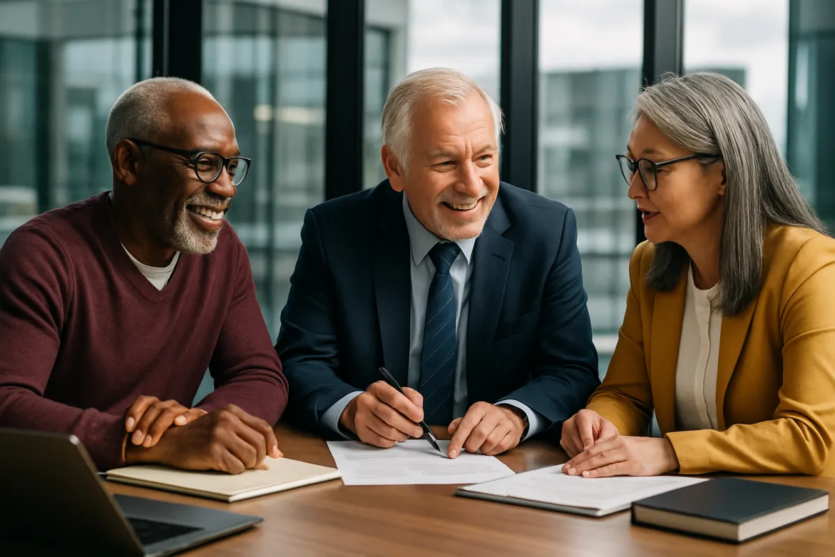 Senior coaches collaborating around a conference table in a modern office