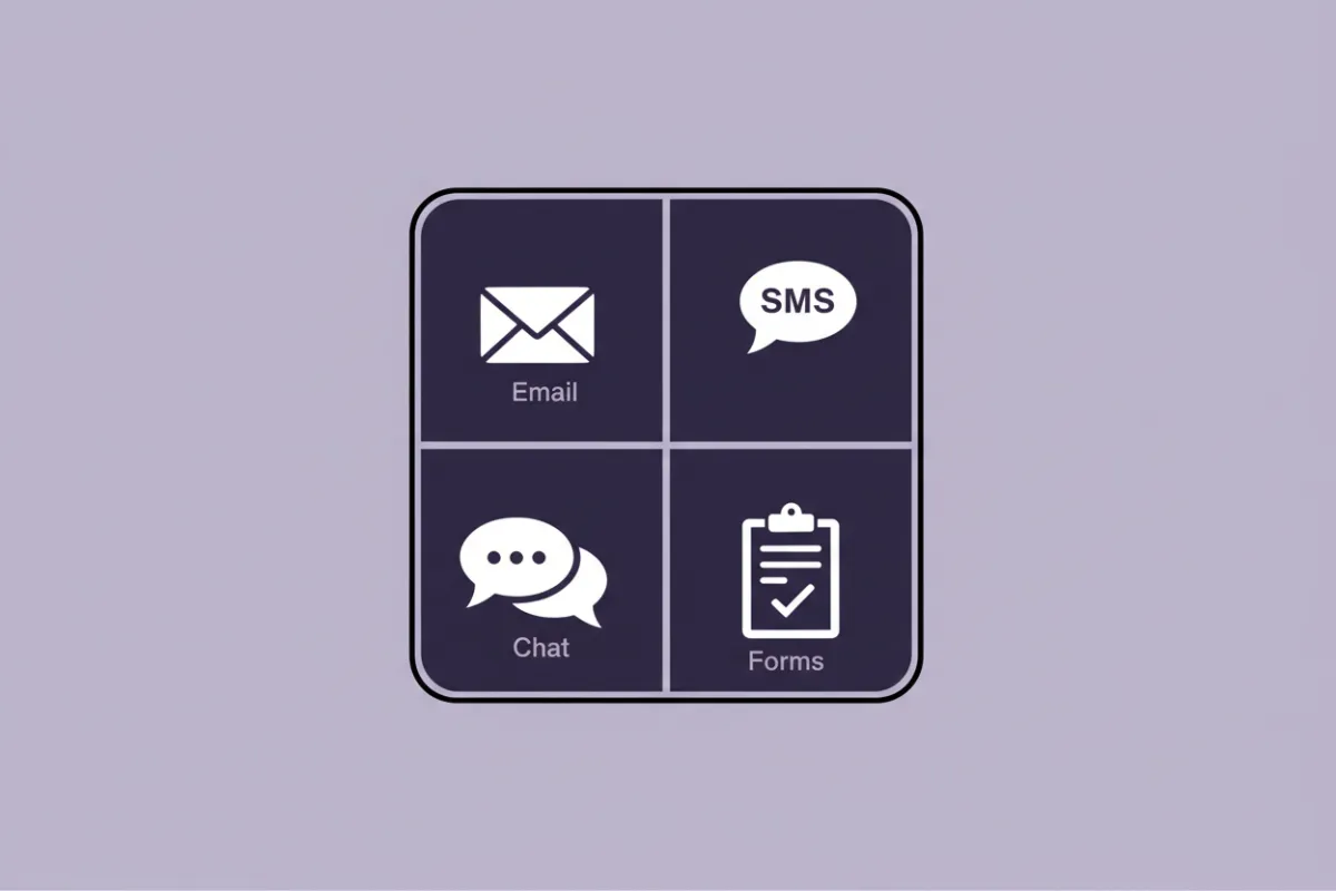 Wide illustrative figure showing a simplified device grid with icons for Email, SMS, Chat and Forms.