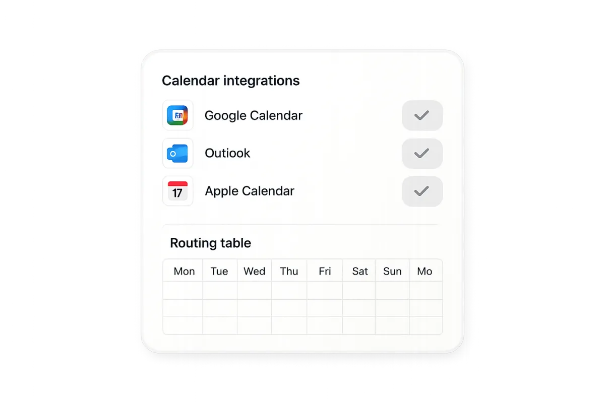 Hero product mockup—isolated interface module showing calendar integrations and routing table.