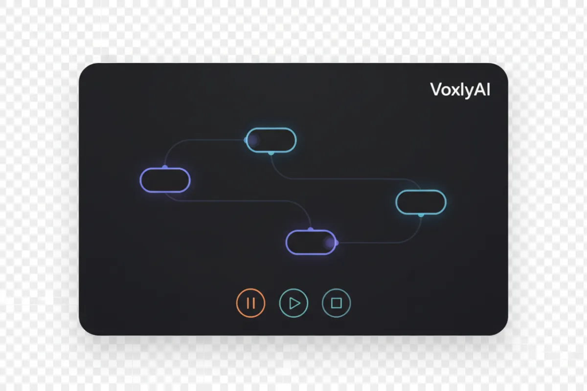 Landscape mockup of VoxlyAI flow designer UI in a single isolated interface card. Shows simplified flow nodes and playback controls.