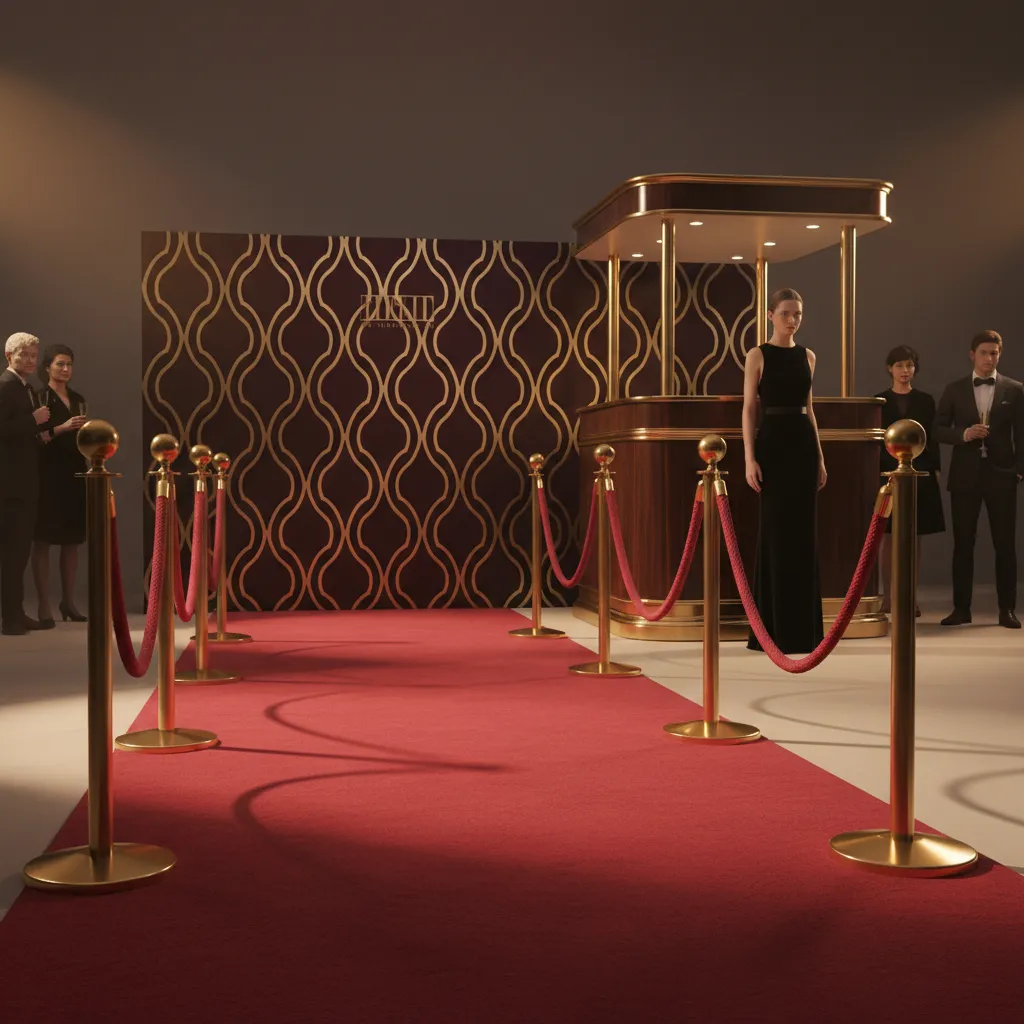 Red carpet VIP setup with velvet rope, branded backdrop, and polished booth presence, warm spotlighting and minimal crowd for luxury-focused event imagery.