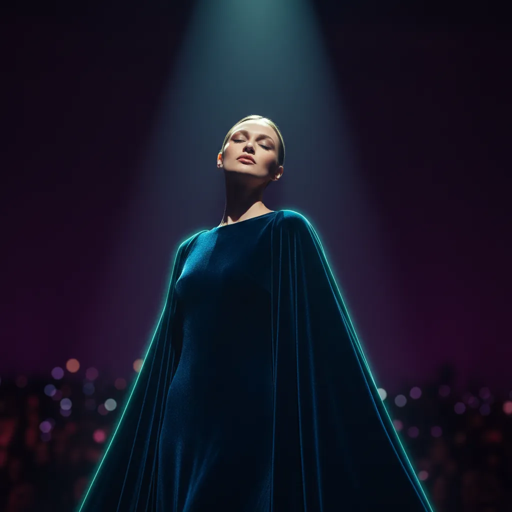 Spotlight-themed portrait with dramatic single-source lighting, model posed elegantly with deep purple background and subtle teal rim light for high-fashion event imagery.