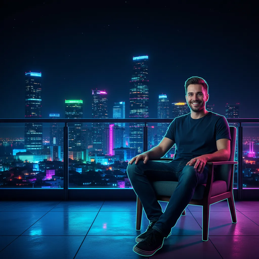 Green screen example showing a guest composited into a neon Miami skyline with flawless edge detection, vivid color grading and realistic shadowing to sell immersive possibilities.