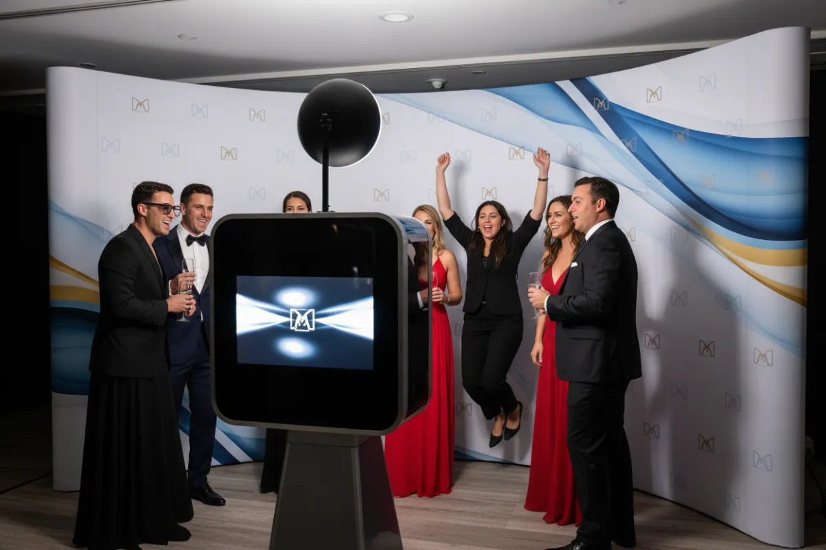 A MiamiFlicks photo booth at a luxury product launch, with a sleek branded backdrop, guests in formal attire interacting with the booth, and a digital screen displaying the brand logo, 3:2 aspect ratio.