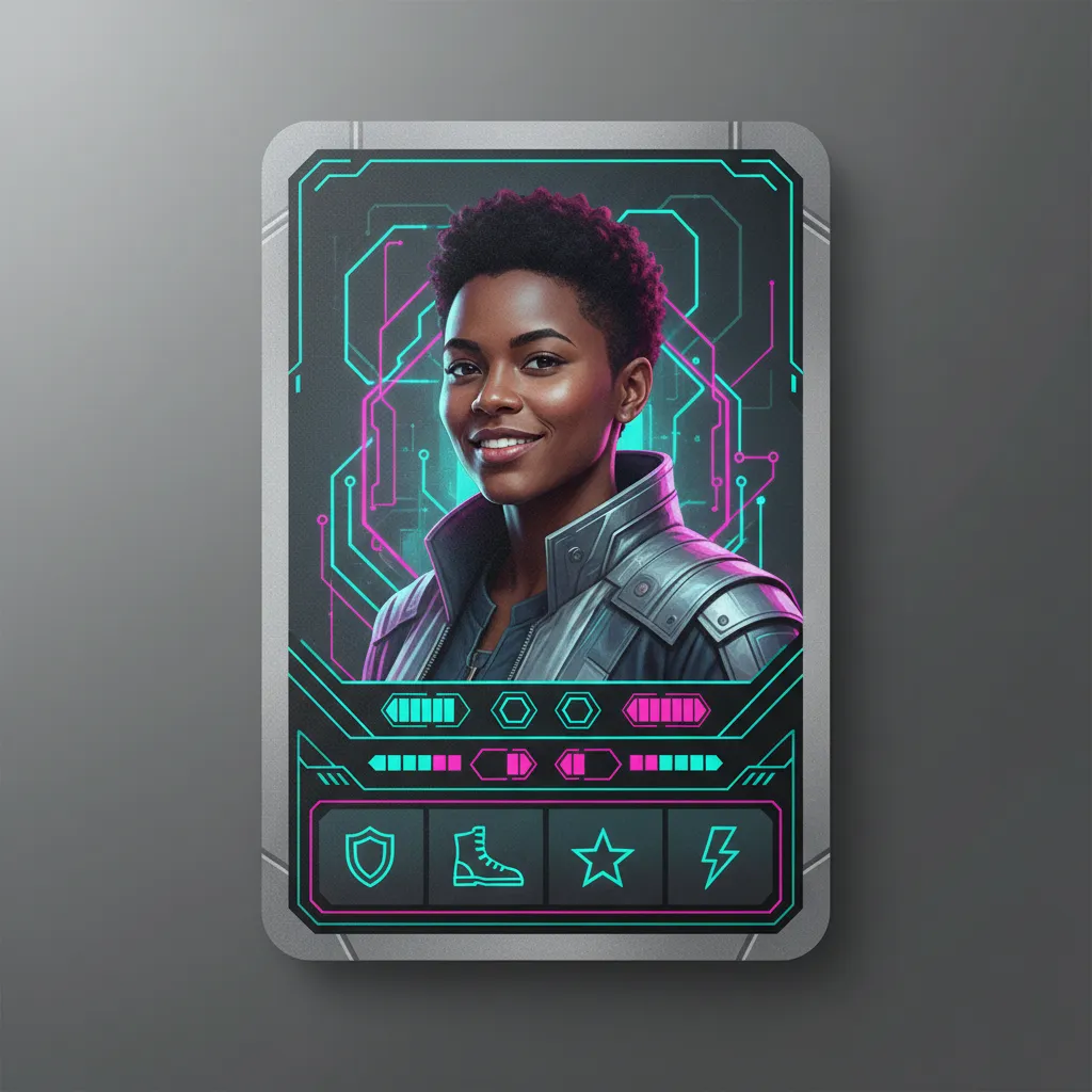 Trading-card mockup with guest portrait, stats bar, and neon graphic elements in teal and pink; crisp typography and matte-print mockup to highlight collectible finish.