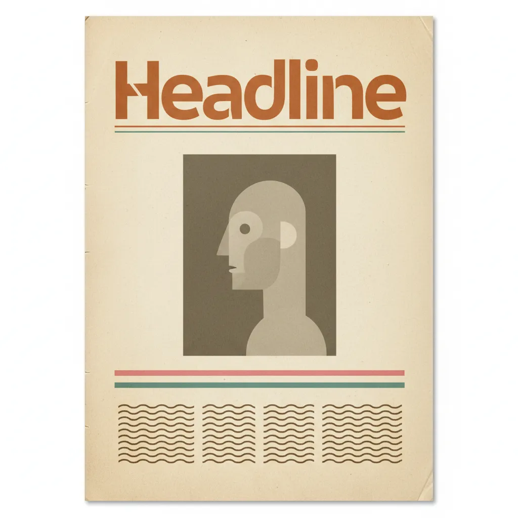 Newspaper-style template mockup with single portrait image, bold headline typography, sepia-tinged background and pink-teal accent lines showing the novelty themed deliverable.